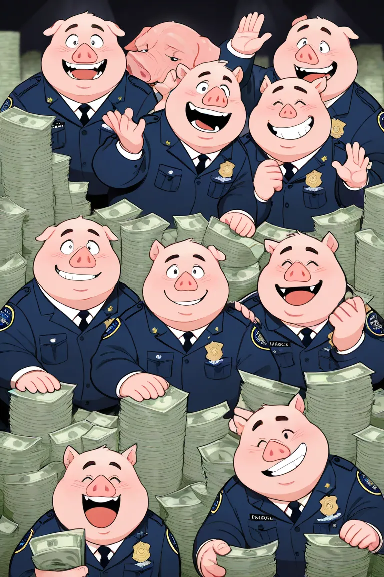 3 pigs with cop uniform are laughing. Surrounded by money. illustration art. High sharpen.