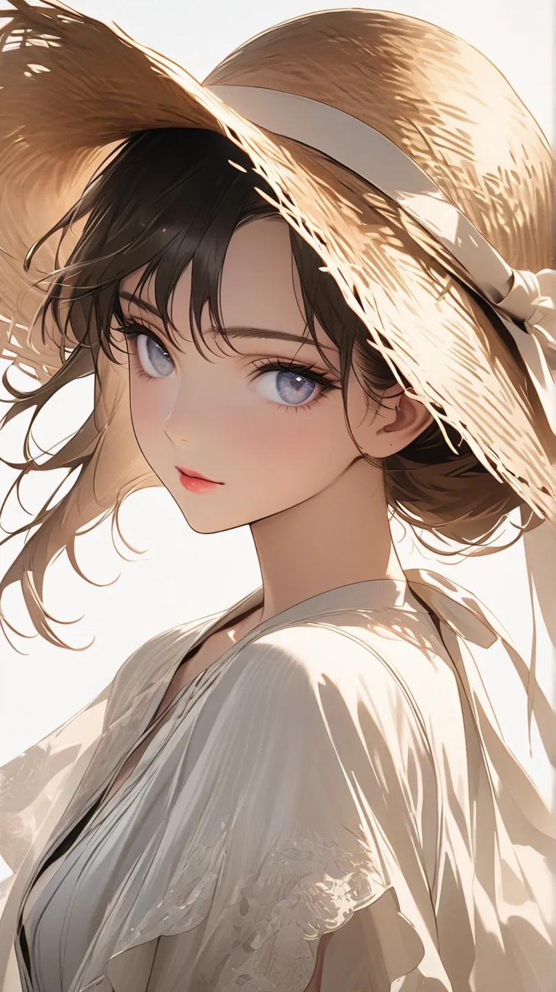 1girl, white shirt, upper body, straw hat, fashionable simple design, magazine cover, masterpiece, best quality, highres, absurdres, ultra detailed Negative Prompt: worst quality, low quality, lowres