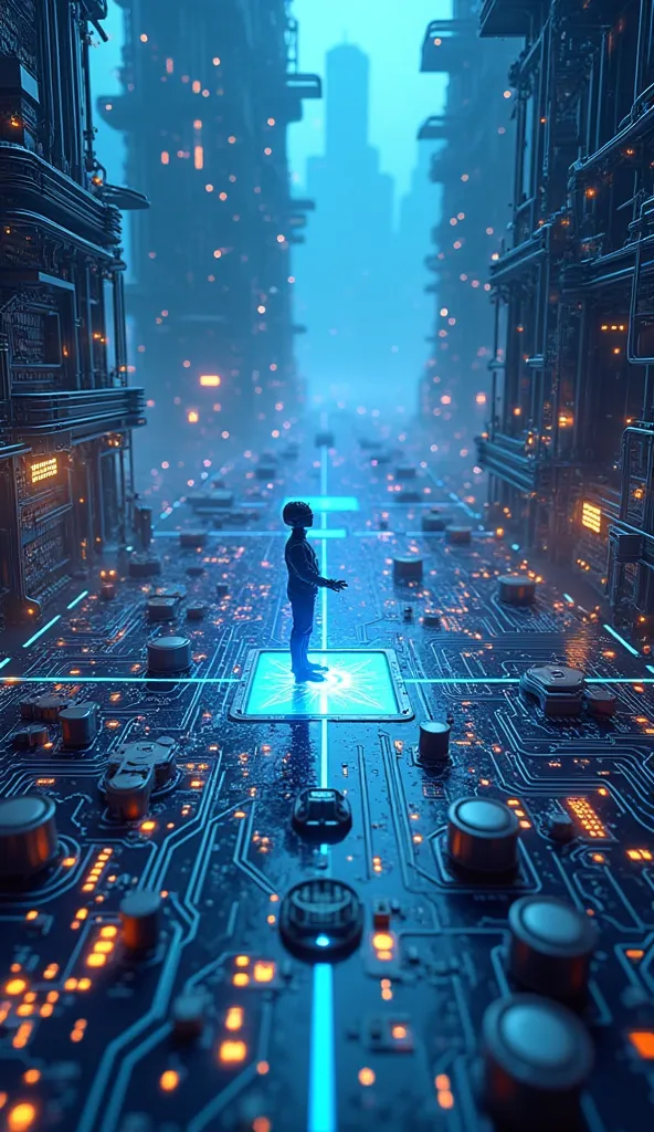 "The Digital Dreamscape" – A massive computer motherboard sprawls like a futuristic city, with tiny IT professionals and coders assembling circuits and data pathways. Fiber-optic cables glow as workers lay them down like highways, and floating holograms di...