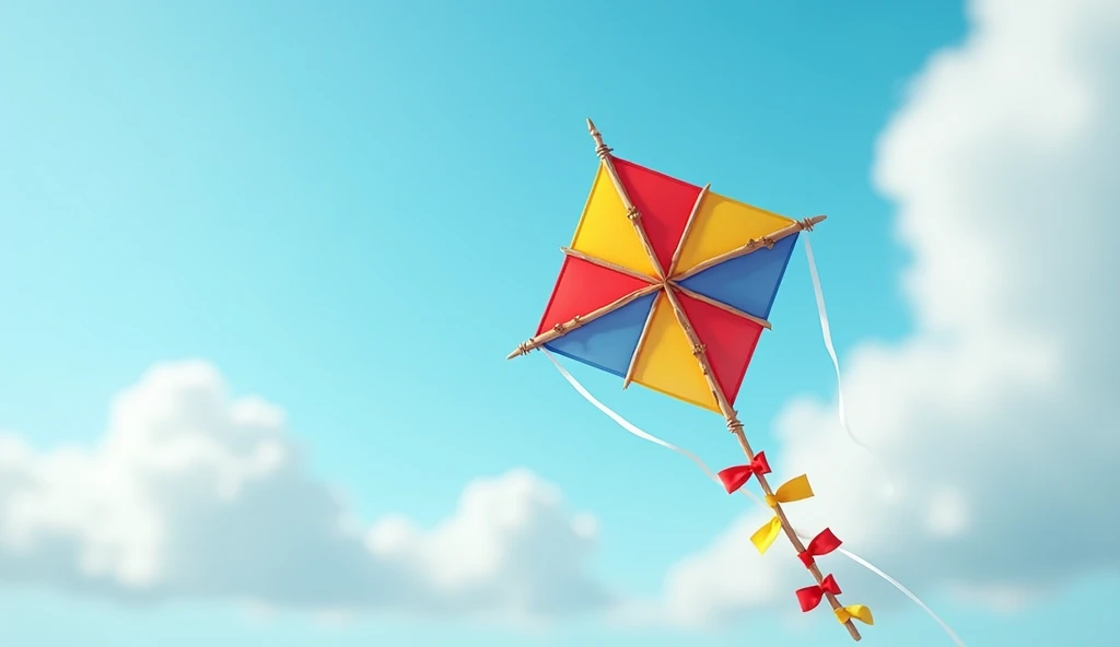 "A vibrant, homemade kite with bright red, yellow, and blue geometric patterns. The kite’s frame is made of thin wooden sticks, and the long tail is decorated with small colorful fabric bows. The background is softly blurred, depicting a bright blue sky wi...