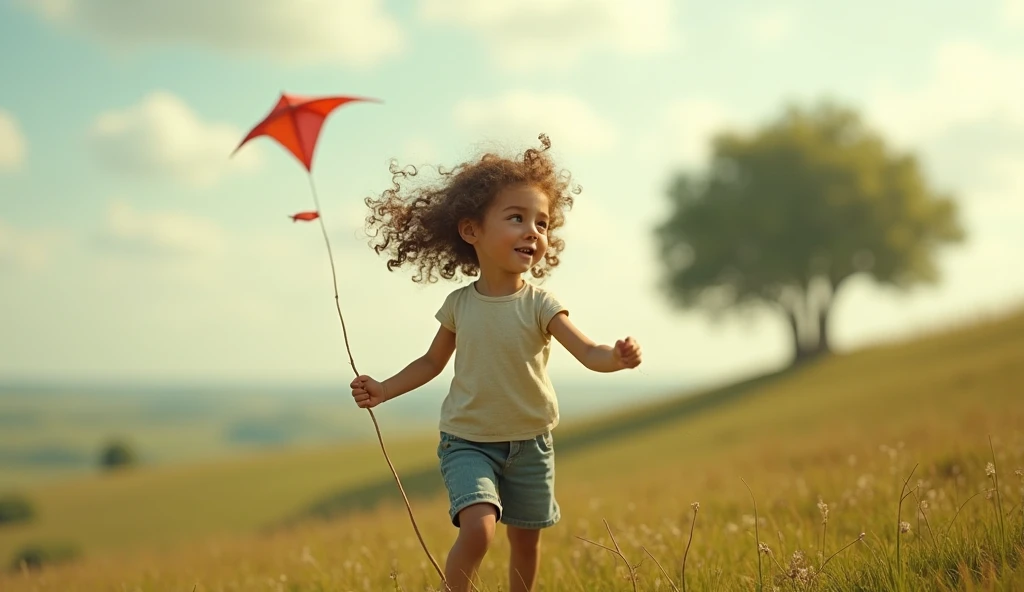 "A young girl standing on a grassy hill, holding a kite string tightly as strong winds push against her. Her curly hair blows wildly, and her expression is a mix of determination and struggle. The background is softly blurred, showing a vast open field wit...