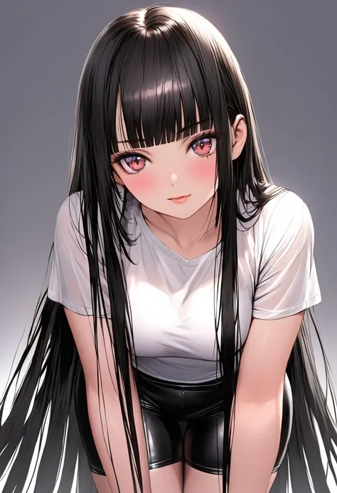 high school girl, ((silky photoreal cuticle very long straight hair)), ((blunt bangs, straight across her forehead, hime cut)),  white blouse, shiny black bikeshorts