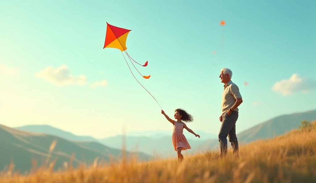 "A joyful young girl standing on a breezy hilltop, releasing her colorful kite into the sky. An elderly man watches from the side, smiling knowingly as the kite soars. The background is softly blurred, showing a vast landscape with rolling hills under a br...