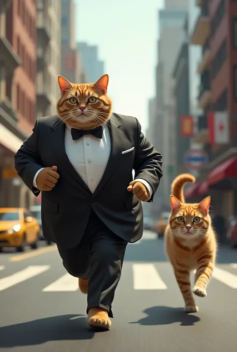 A fat cat running on road he is wearing suits with a female cat 