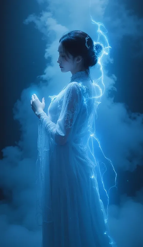 A artwork , but ultra realistic photographphotography an beautiful asian woman is standing and wearing a long dress with a  extremly fine  embrembroidered seeher sleeves .  she is srrounsurrounded  by a blue aura and from her right hand raised to chest  . ...