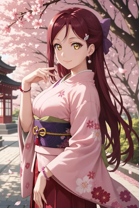 score_9, score_8_up, score_7_up, source_anime, riko sakurauchi, long hair, hair ornament, yellow eyes, red hair, hairclip, long hair, straight hair, hair bow, Small petal earrings, Hakama, Taisho Fashion, Sheer Pink Kimono, Floral, Station Bracelet, Purple...