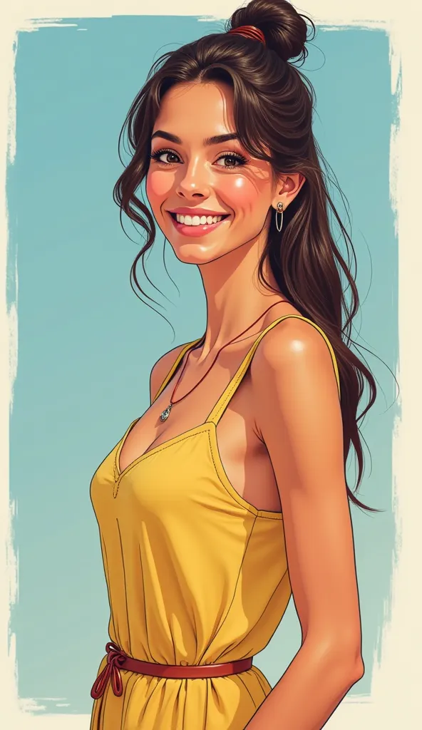 DISCREET image. with discreet casual clothes with a dress. image adult woman, american, comic book style. happy. IMAGES WITH VIBRANT COLORS. light colors.