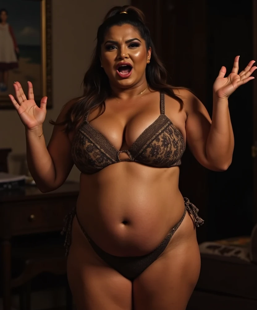 A thick plus size voluptuous mature woman, desi aunty,sexy, bug lips, makeup,she is wearing only a pattern thin thong bikini, huge boobs, big belly. Hair tracting backward tightly tied in a pony showing her forehead.Her body is slightly leaned backward, he...