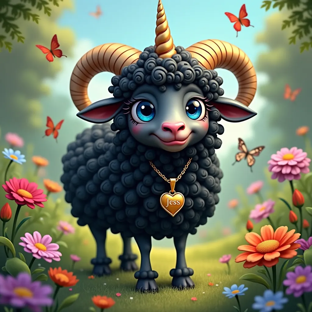 Pompous black sheep with red lips and big blue eyes , with unicorn horn and a pendant with Jess's name on it. In a meadow of flowers and butterflies. Don't give her horns. And put on her blonde and curly hair