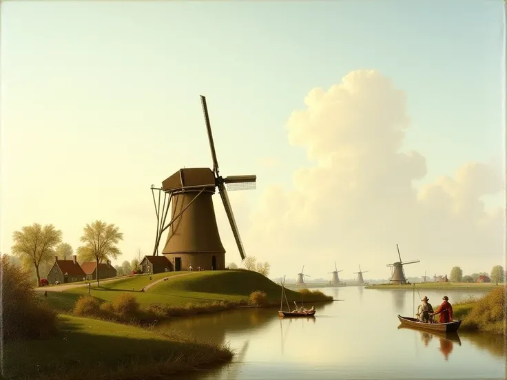 A windmill on a hill with a river in front of it, by Jacob van Ruysdael, Dutch painting, стиль by Jacob van Ruysdael, dutch landscape , The Golden Age of Holland, realism, A Dutch masterpiece , Dutch painting, a fisherman in a boat 