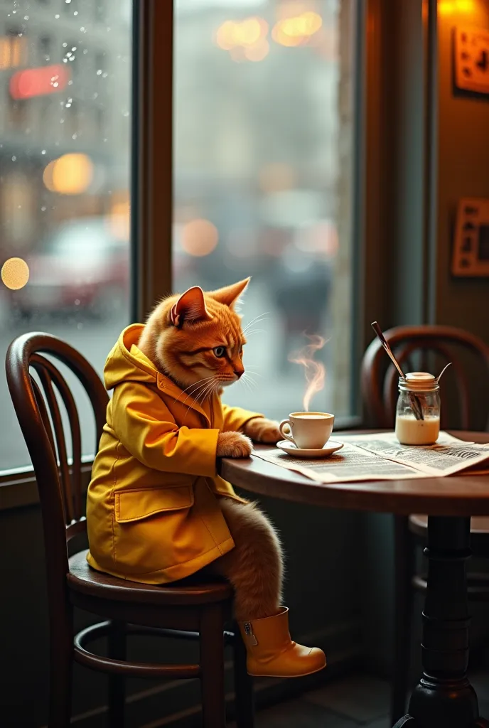 The same confident orange cat, still in its tiny yellow raincoat and boots, now sits at a cozy café, perched on a small chair like a regular customer. A tiny cup of warm milk steams in front of it, and its tiny umbrella leans against the table. Through the...