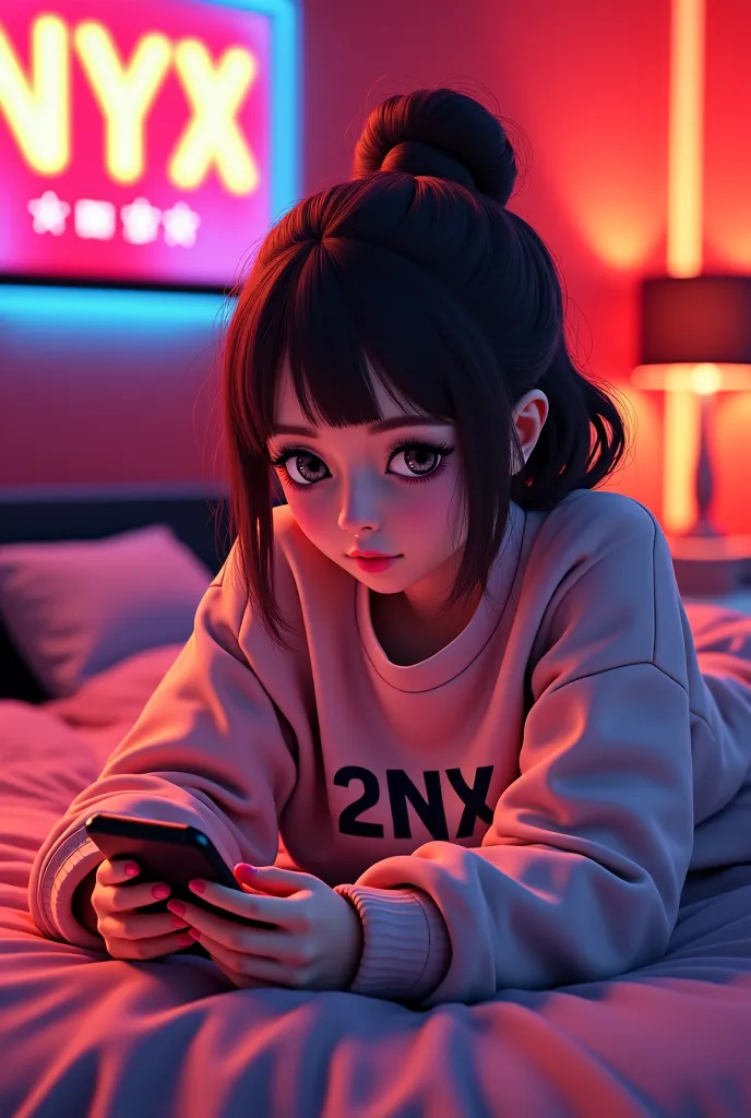 Female anime character 2.5D, Playing on the cell phone lying in bed, Red gamer room, Neon decoration written 2K NYX, LOL E GAMES themes, cute sweatshirt written 2K nyx, Cell phone horizontally 