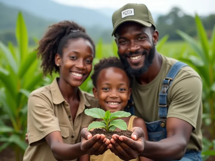 A family of young farmers, mother, 40-year-old looking father and s,  holding a plant , perfect hands, Open smile at the camera, in a rural environment, in the background a verdant plantation. All with biotypes of mulatto people from Piauí.  good resolutio...