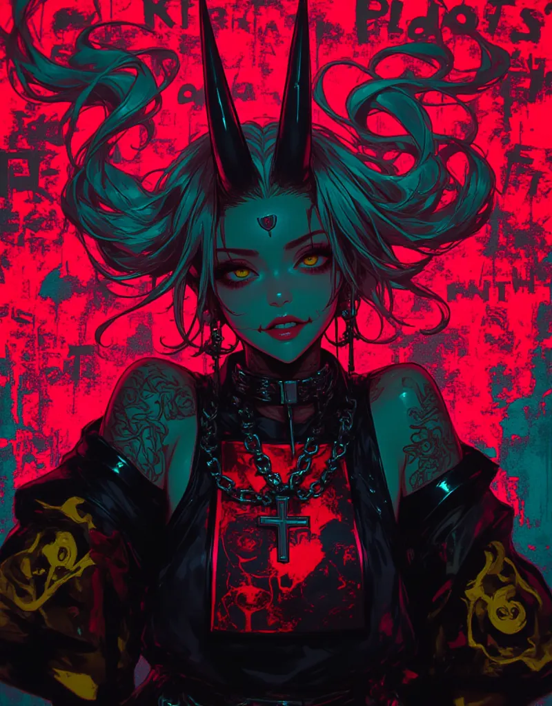 Image is a digital illustration featuring a stylized, anime-inspired character with a striking appearance. The character has pale skin and long, white hair styled in a high ponytail with loose strands framing the face. Prominent black horns protrude from t...