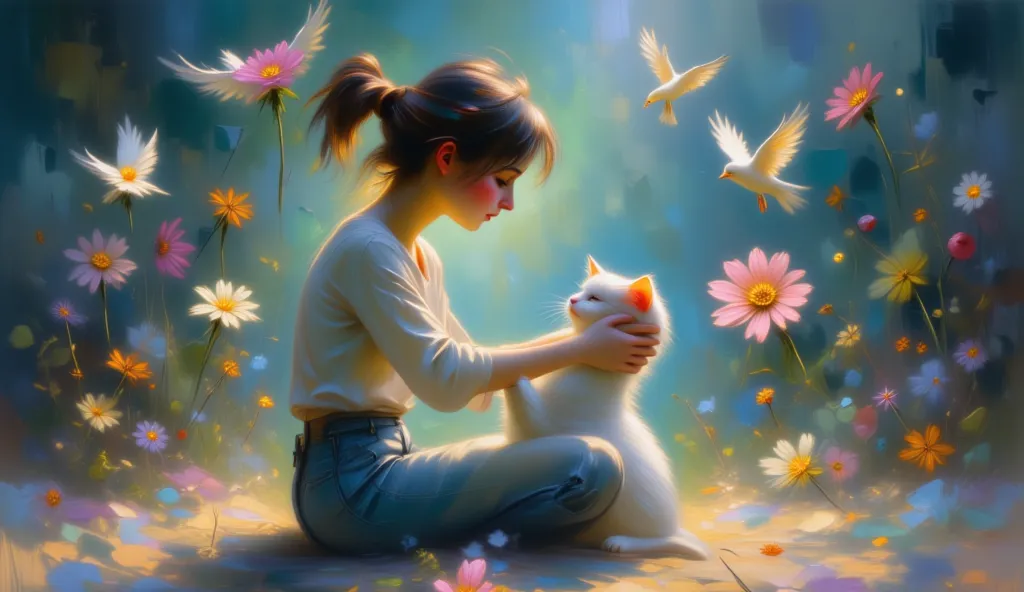  A Pixar-style 3D render of an introspective woman sitting on the floor, arms embracing her knees, head raised, and eyes closed, surrounded by a fantastical world materializing behind her, emotions visualized through floating flowers, gentle birds, and pla...