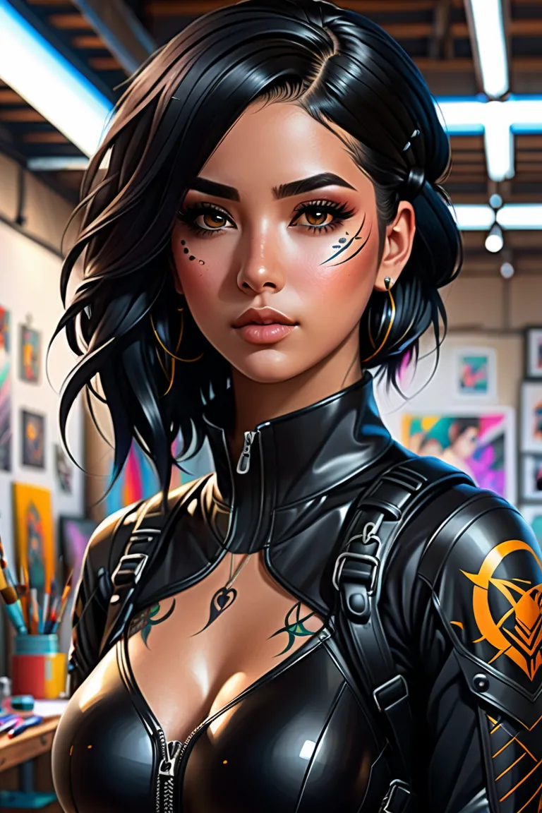 Latin woman Emo braided black hair brown eyes, a black top, with tattoos, Toma full body pilot suit,  realistic art style ,  portrait of Rossdraws , portrait of art germ,  realistic art style , realistic digital art 4k, realistic digital art 4k, german art...