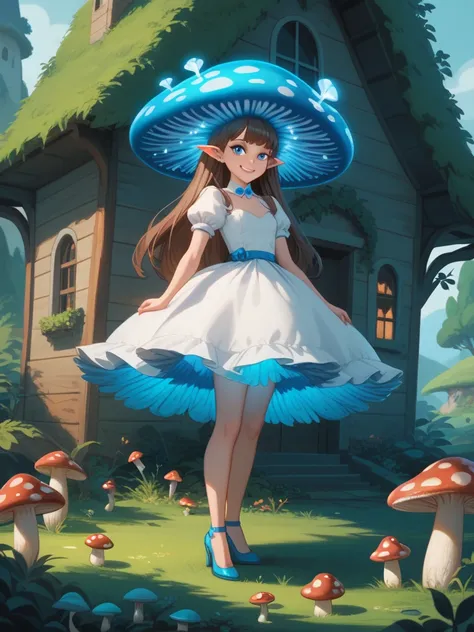 Tiny anime girl, standing  under a big glowing mushroom, in the woods surrounded by small mushrooms , she have a tiny house under the large mushrooms, she have on a white silk dress, she have brown hair and blue eyes, it have tiny little mushrooms on the g...