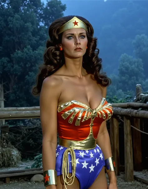 Linda Carter as Wonder Woman,  with long wavy dark hair, in a classic suit: Golden hoop,  red corset with gold stars , , blue shorts with white stars and red knee-length boots. The lasso of truth ,  golden and glowing ,  hangs on his belt .  Her face is an...