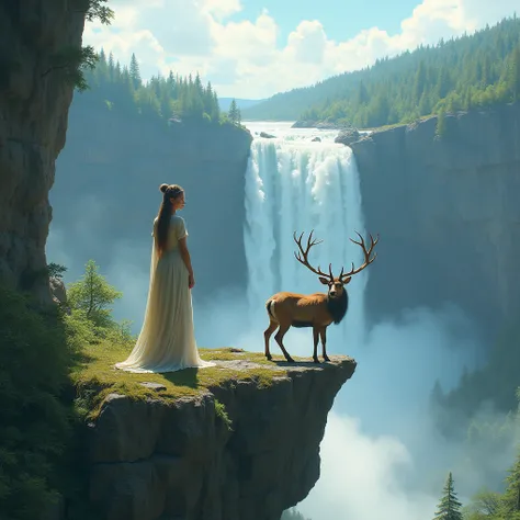 A realistic elf on the edge of a precipice, where on the other side there is a waterfall with a fall like a bridal veil, Very tall and voluminous water, next to the elf there is a larger deer than the elf, the surrounding environment and a pristine forest.