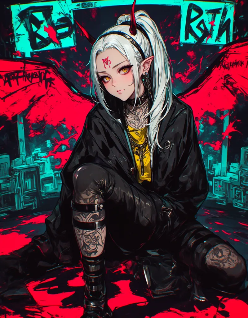 Image is a digital illustration featuring a stylized, anime-inspired character with a striking appearance. The character has pale skin and long, white hair styled in a high ponytail with loose strands framing the face. Prominent black horns protrude from t...