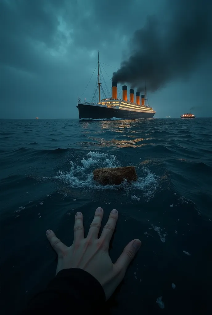 "First-person view floating in the icy Atlantic water,  breathing hard . Their own hands try to hold on to a piece of wood, as the Titanic sinks in the distance, their lights disappearing in the dark. Other survivors call for help, and a lifeboat appears o...