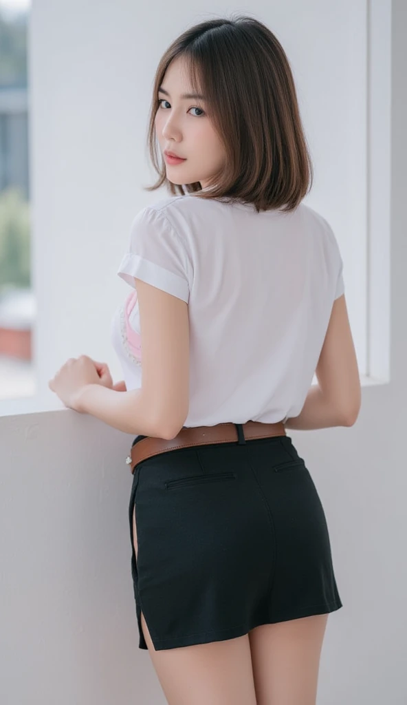 young Asian girl with brown hair, slender, wearing a white short-sleeve blouse, dimly see pastel pink bra inside, her shirt tucked into a short black pencil skirt with side slit, suede dark brown with university belt at her waist, sexy legs, look back