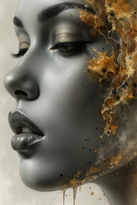 photorealistic, hyper detailed female face of smoke and black, gray, and bronze color. Added in a style reference, a composition reference, Hyper realistic, splash images, splattering, Fauvism, Geometric, Marble. 