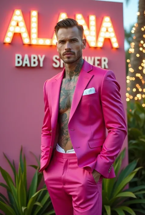 hazme a Matthew Noszka, pelo rubio castaño slick back,ojos verdes tatuajes, tatuajes en el cuello,musculoso con pocas pecas y ceja tupida Wearing a fuchsia silk blazer with a white long-sleeved shirt underneath and fuchsia silk pants A large pink panel wit...