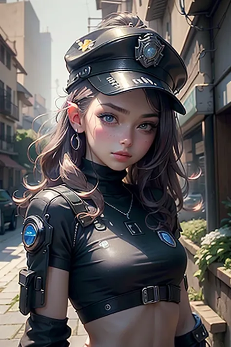 Beautiful woman medium hair, wearing cap, cyberpunk style short clothes, cyberpunk police woman, tomboy