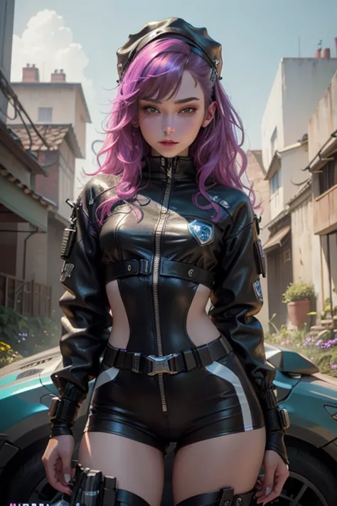 Beautiful woman medium hair, wearing cap, cyberpunk style short clothes, cyberpunk police woman, tomboy