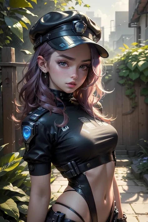 Beautiful woman medium hair, wearing cap, cyberpunk style short clothes, cyberpunk police woman, tomboy