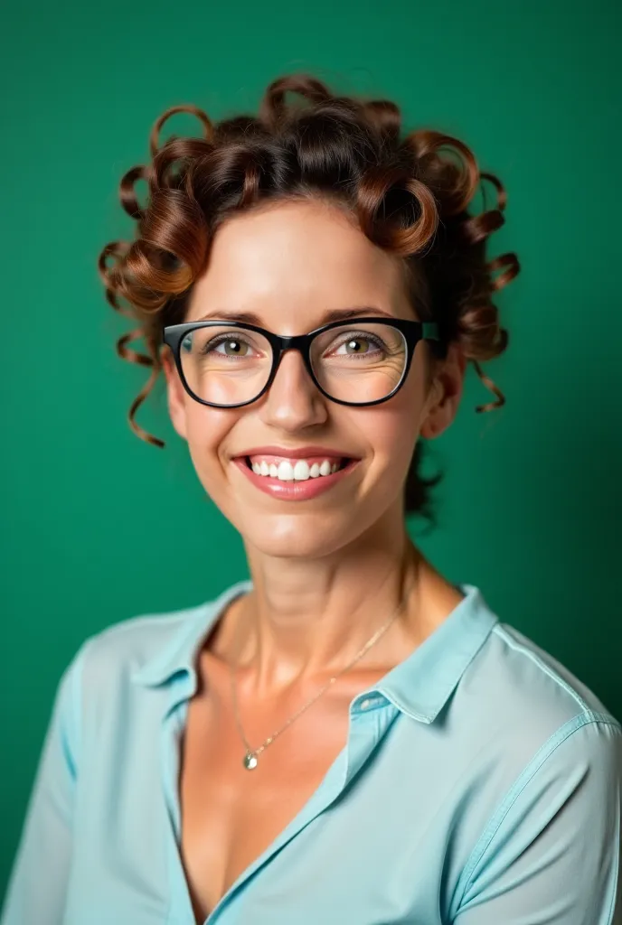 create an image similar to this one, of a 40-year-old woman with glasses, with curlers on her head in front of a green background, photo facing the camera, looking at the camera, sweet smile, wearing a low-cut blouse