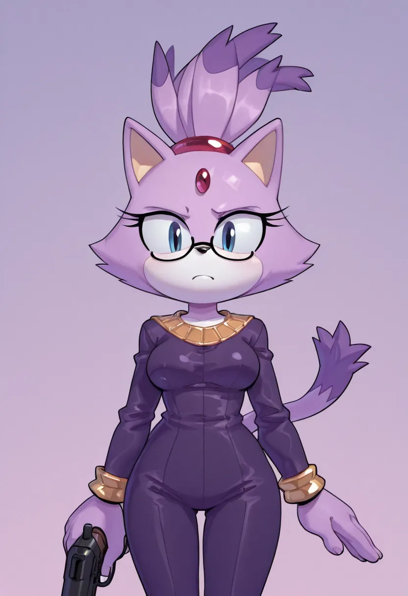 a cartoon cat shooting from the hip with his gun up in an animated picture, 1girl, solo, animal ears, tail, gun, weapon, breasts, furry, furry female, handgun, holding, looking at viewer, cat tail, cat ears, glasses, holding gun, blue eyes,Blaze The Cat_\(...