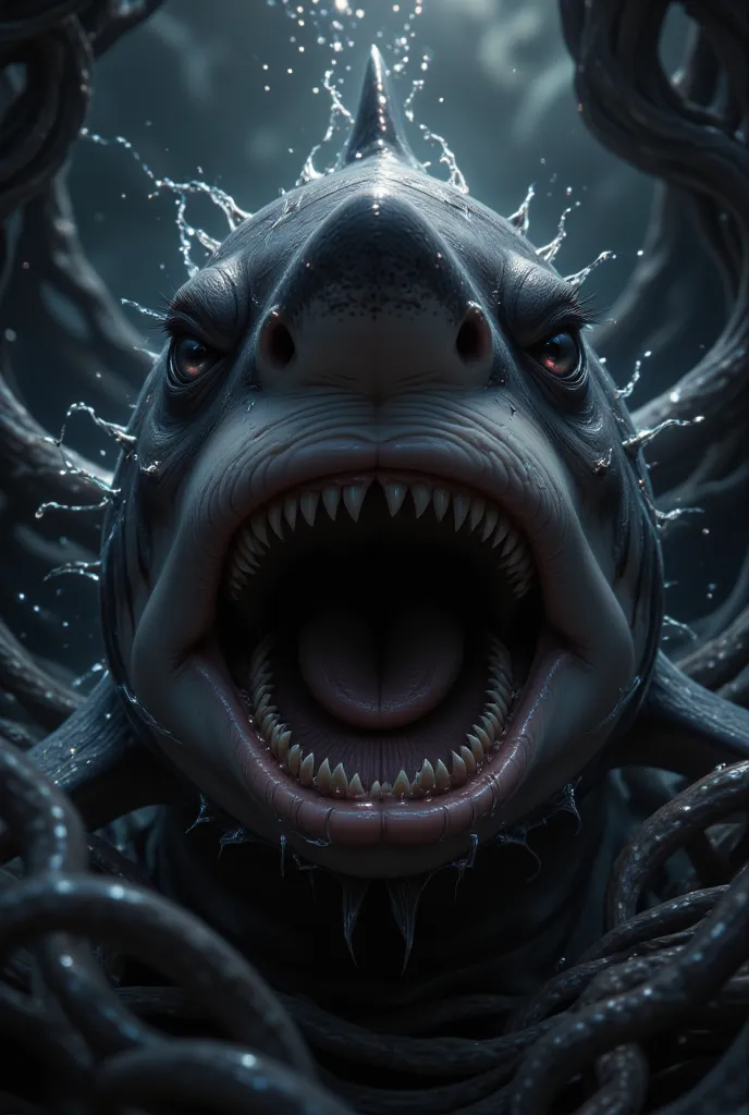 Shark, razor-sharp teeth gleaming, cold black eyes, water splashing around its open jaws, deep in the sea, gloomy looking terrifying and primitive, ultra-realistic, close-up angle, showing sharp teeth, 8K resolution."

