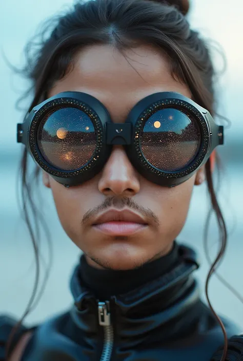 The model is wearing glass sunglasses with stars and the moon on the glass