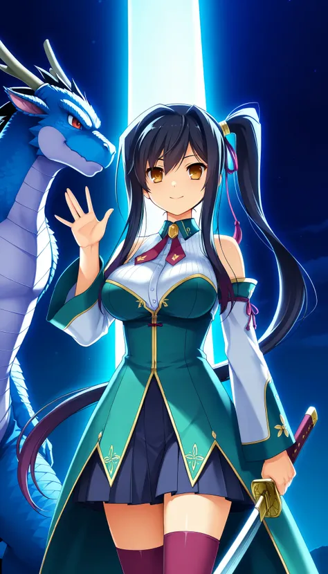  female 1 person, Night Boat   \(Koihime Musou \),    black hair,  Long Side Ponytail ,  glare, (Waving a Long Sword with a Pattern, Blue Dragon Moon Sword:1.6, shout:1.2), beautiful breasts,  Dramatic Lighting,  Dark Fantasy ,   Obscene Atmosphere ,  eart...