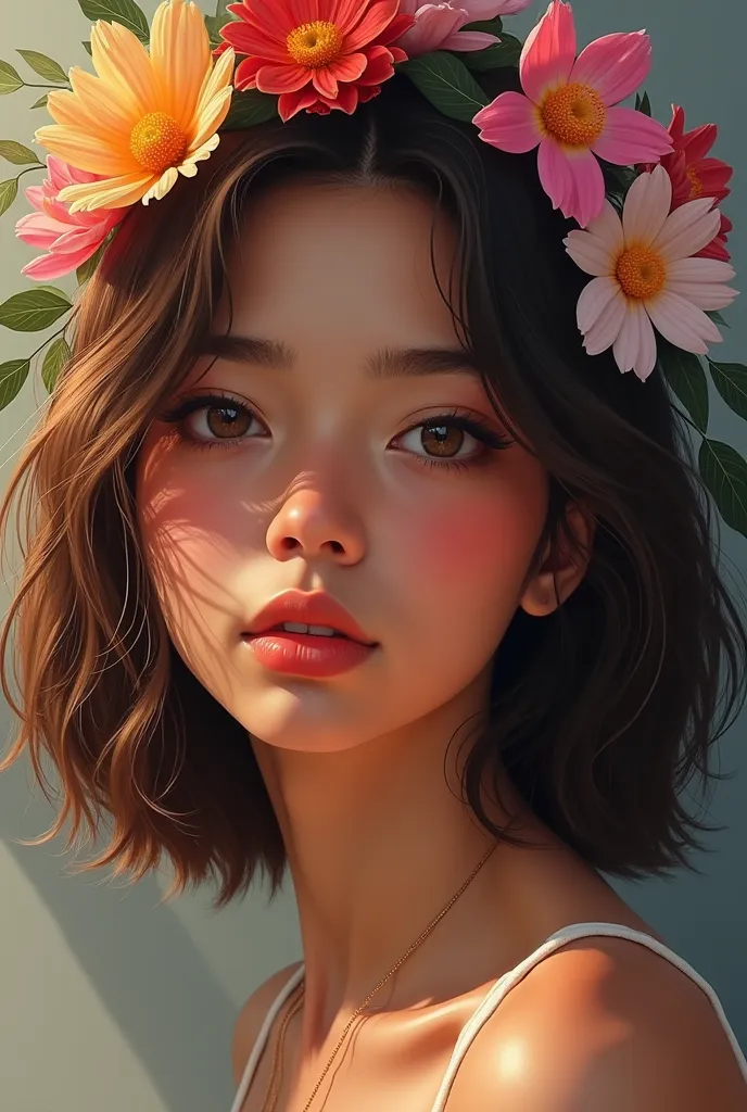 Draw a picture of a 19-year-old Latin girl with straight brown hair with flowers around her