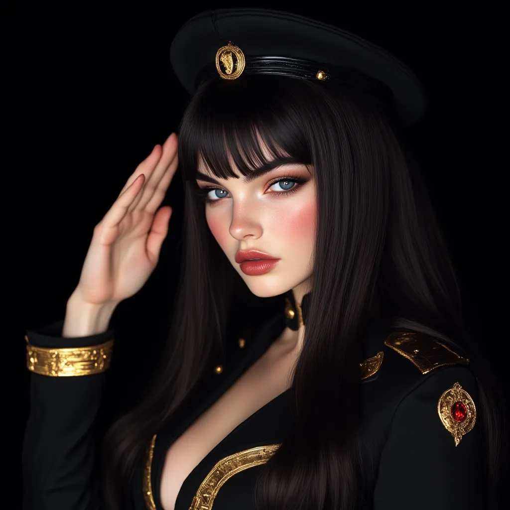 photo 4k. Beautiful European girl with long straight jet-black hair, white porcelain skin, reddish lips, blushed cheeks, wearing a black and gold cadet uniform with a beret on her head, making a military salute with her hand on her forehead, black backgrou...