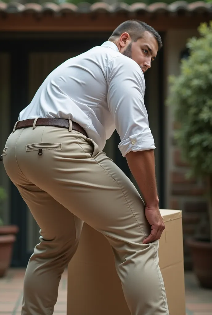 Fotografía realista, 35-year-old muscular (((atletic man))) , , View from below, nalgon de perfil, stripe white formal shirt and very tight khaki trousers, brown belt, de perfil, Big butt, viendo a cámara, ojos negros, en el patio, hombre sexy, muy nalgon,...