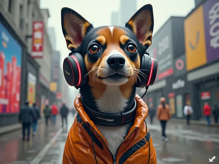 Generate an image of a futuristic city under a light rain, with a slight highlight in a window, Where is a dog(riot dog) With shell earphones looking at rain.