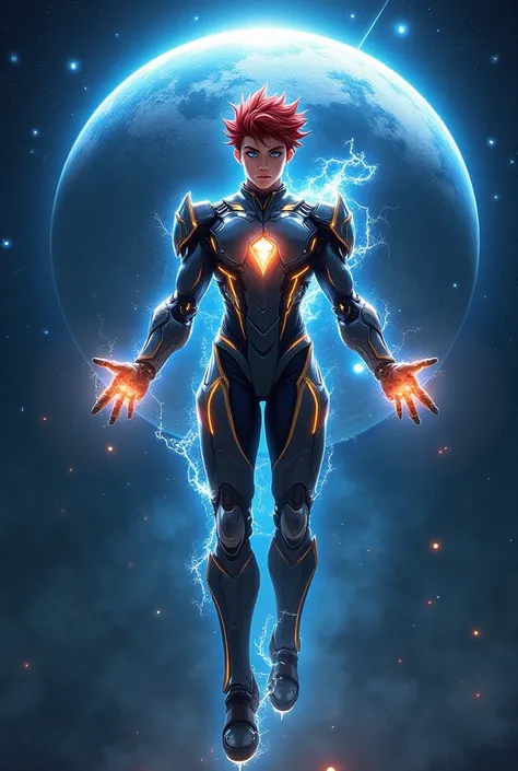 

A young youth about 21-24 with a matured look, and well built body, spiky red hair and deep blue eyes floats in space, hands slightly out spread with a Godlike look, he is clad in sleek mechanical armor streaked with gold and silver. Cosmic energy swirls...