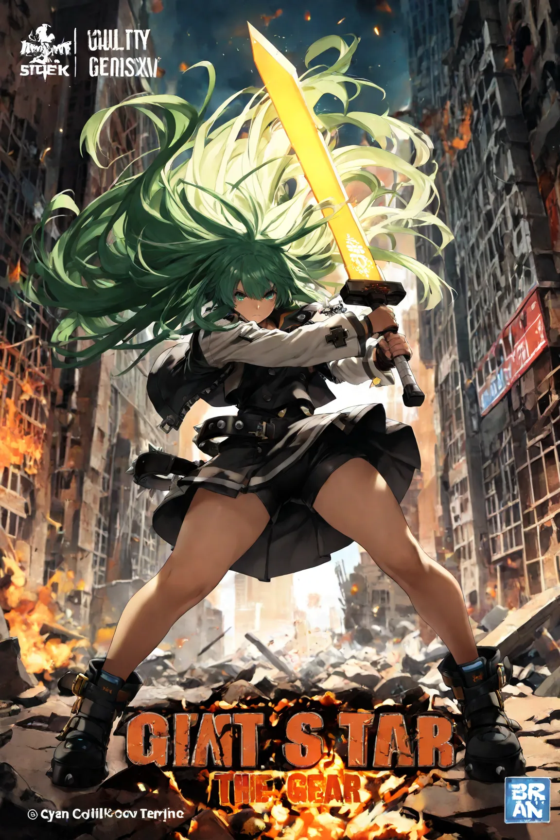 4K, Game's Cover, Guilty Gear Strive Style, 1 girl, solo, chains around her, extreme large Long Messy hair, cyan-Green colored hair, big bosom, buxom, jacket (with impressive details), shirt, spiked belt (large),  skirt, undershorts, spiked boots, holding ...