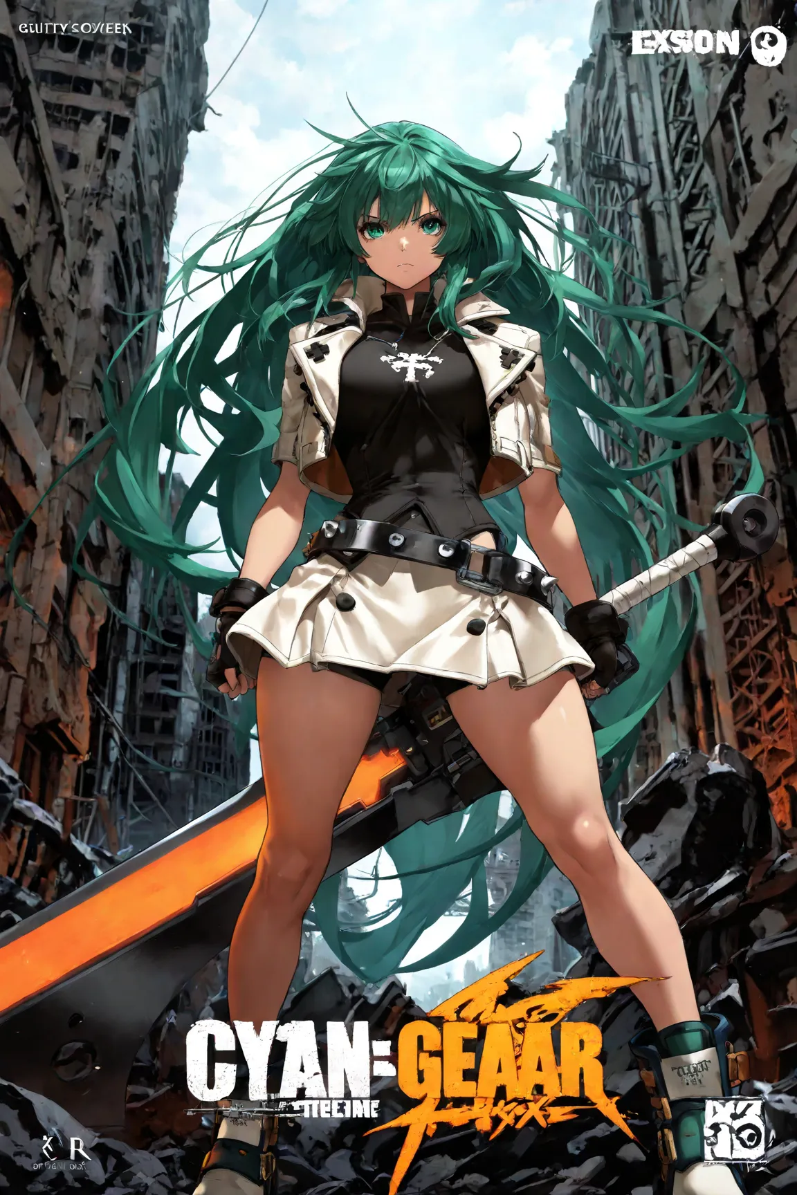 4K, Game's Cover, Guilty Gear Strive Style, 1 girl, solo, chains around her, extreme large Long Messy hair, cyan-Green colored hair, big bosom, buxom, jacket (with impressive details), shirt, spiked belt (large),  skirt, undershorts, spiked boots, holding ...