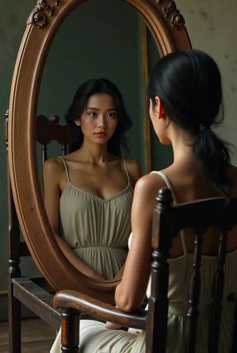 An adult girl is sitting on a wooden chair before a antique wooden mirror frame