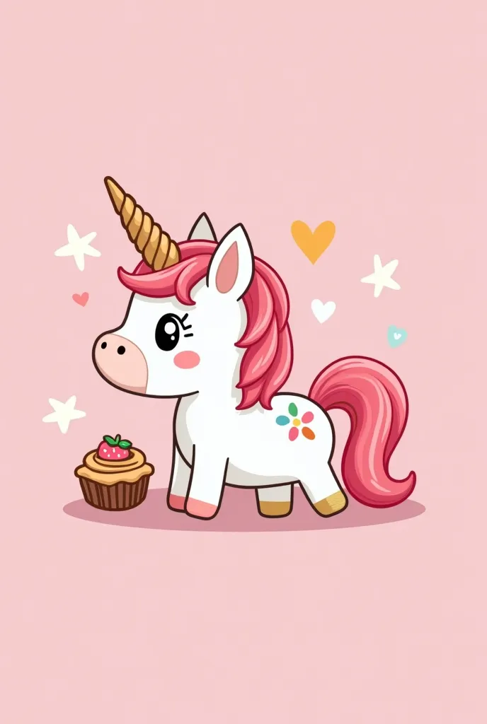 a unicorn baby cartoon style for babies, defecating cinnamon rolls that come out of its back decorated with stars and strawberries and rainbow colors to make a logo, on a pink background and pastel colors