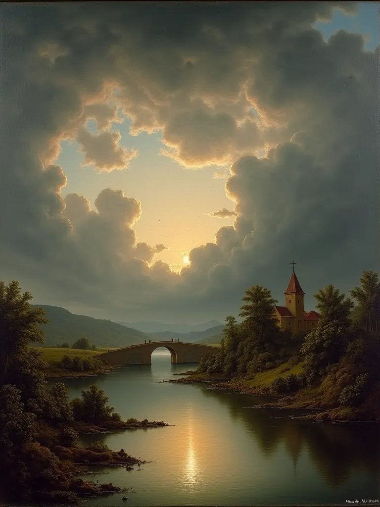 Image of a river with a bridge and a small stone chapel in the distance, dramatic landscape ,  stormy landscape , стиль by Jacob van Ruysdaelа, by Jacob van Ruysdael,  atmospheric scene , cloudy,  romantic landscape , baroque landscape painting , storm in ...