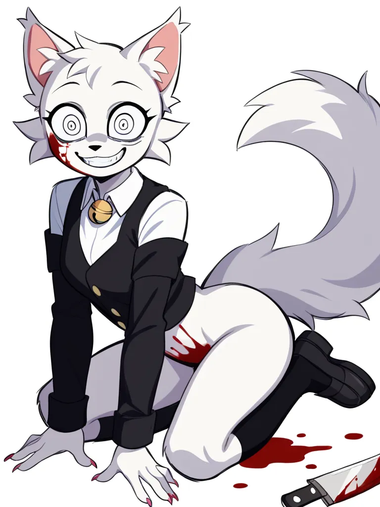 Wenda、full body、Solo、 score_9、 score_8_up、 score_7_up、feline、cat、anthro、furry、female、white fur、(heavily shaded white body, dark black shading on body, white body)、blood on body、holding a knife in hand、fluffy tail、psychotic smile、(wide eyes、fully open eyes ...