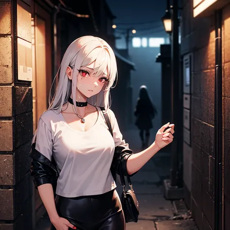 In the middle of the night in a dark alley with a cold face, sad and tearful, wearing a casual black leather jacquat and a black leather skirt on top of a white t-shirt, wearing a black choker around the neck, A cynical and charming female assassin from So...