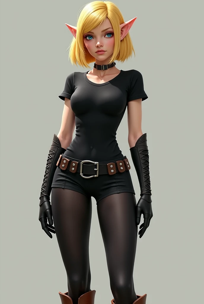  Evangeline Height 173 age 16 weight 56 chest size 3 eyes bright blue blonde with a bob hairstyle long elven ears. Dressed in tight short black shorts, thick black stockings, a fitted black T-shirt and tight gloves above the elbow are also black on the leg...