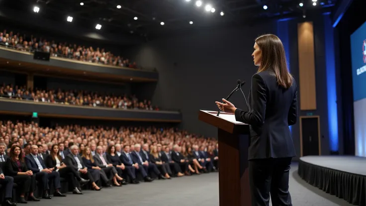 Victoria as CEO of a big company giving a big speech in the auditorium     